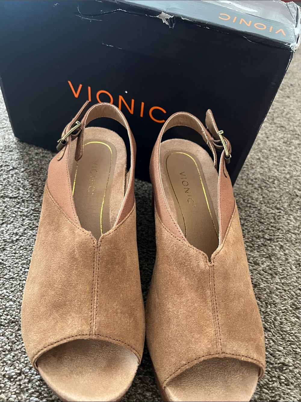 Vionic Tan Suede Open-Toe Slingback Mules